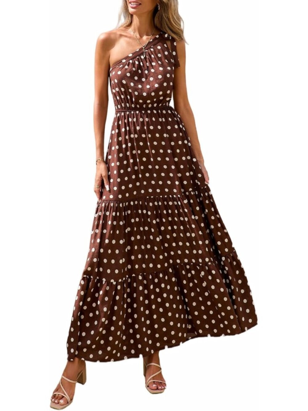 Women's Coffee White Sleeveless A Line One Shoulder Boho Floral Maxi Dresses